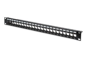 DIGITUS DN-91411 24 PORT BOŞ PATCH PANEL, ZIRHLI, 1U YÜKSEKLİĞİNDE, SİYAH RENK