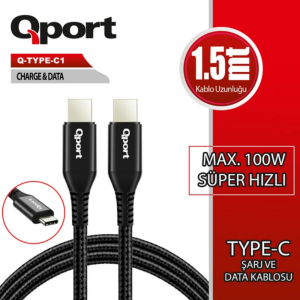 QPort Q-Type-C1 1.5m Type-C 100W PD Hızlı Şarj Kablosu